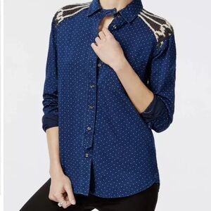Free People crocheted shoulder polka dot button down